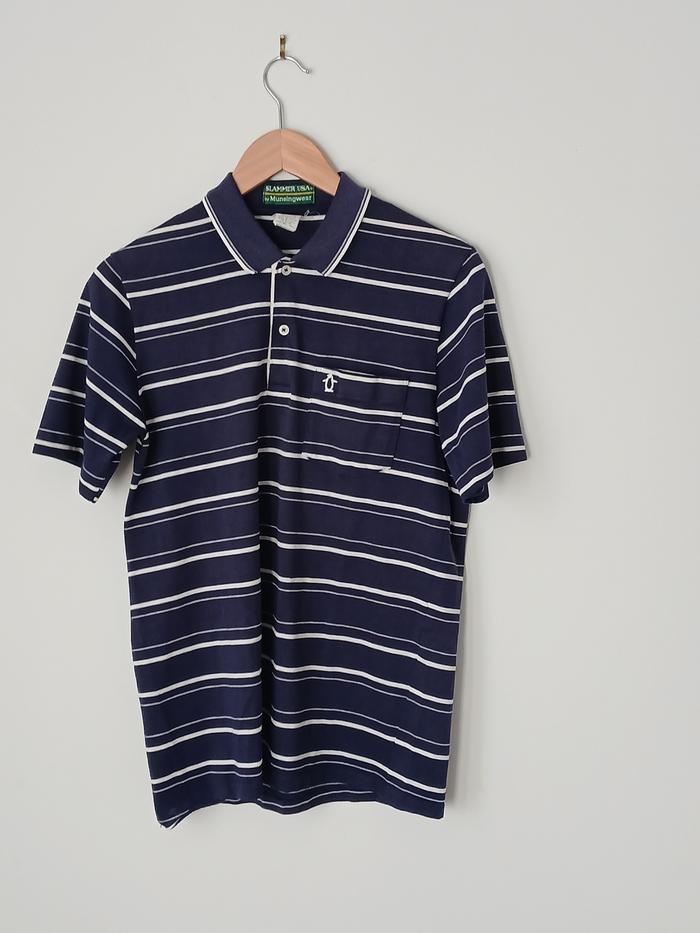 Vintage Slammer by Munsingwear Polo Men's Medium Navy Striped Penguin Pocket